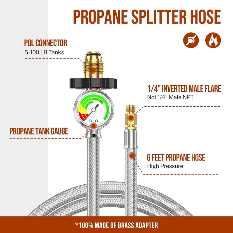 Alloxity 6ft Propane Tank Hose Extension with Gauge, POL x 1/4" Inverted Male Flare, Braided Supply Propane Tank Pigtail Hose, for 5-100lb Propane Tank Connection Extend a Stay RV Propane Kit, Dual Regulator - Image 2